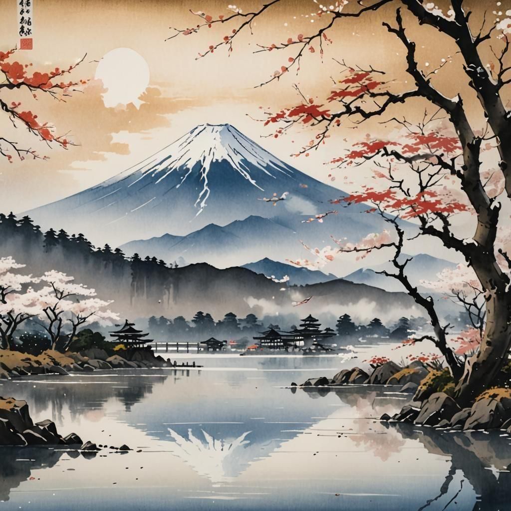 Mount Fuji in Sumi-e Style with Red Accents