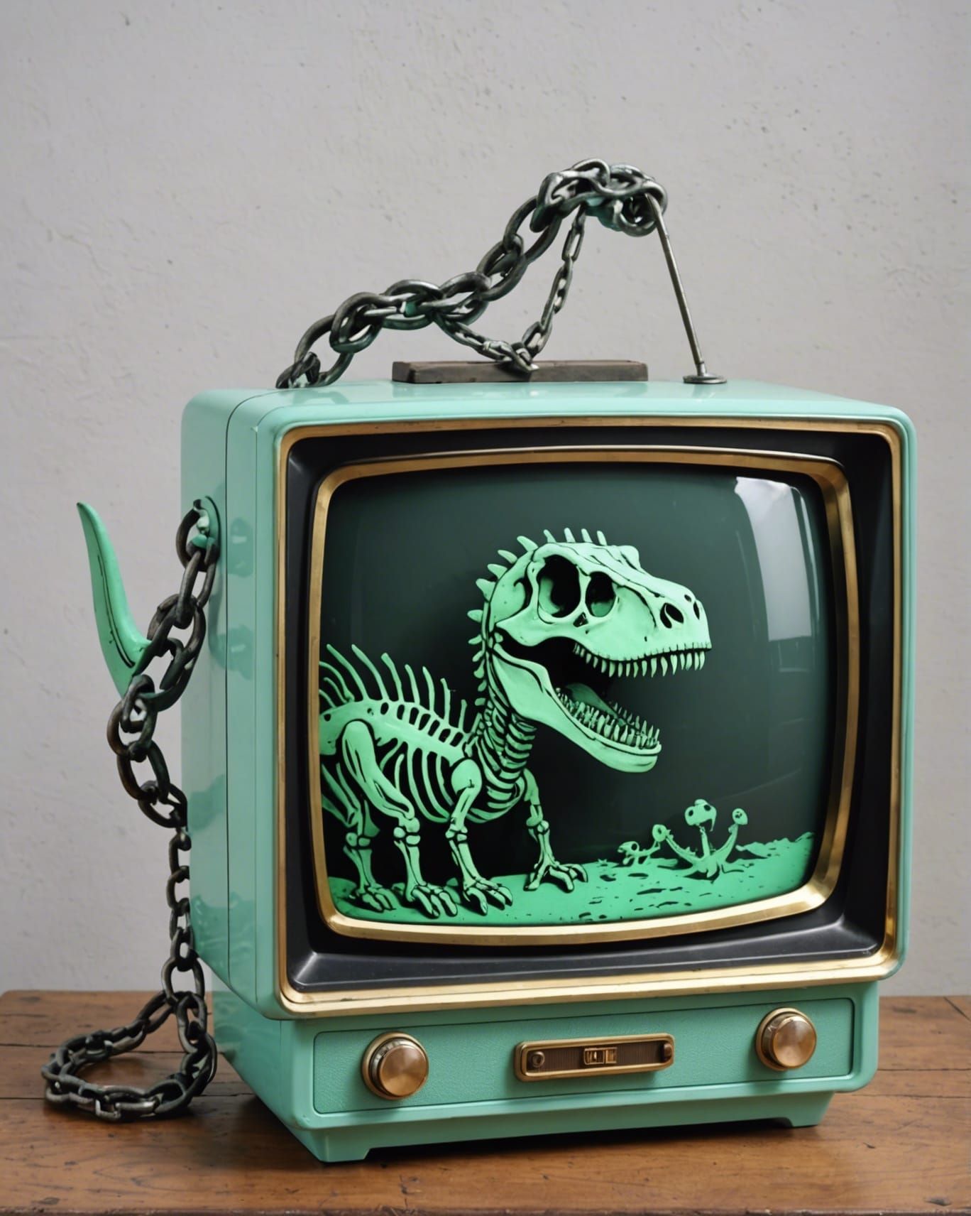 Surreal Vintage Television and Dinosaur Skeleton