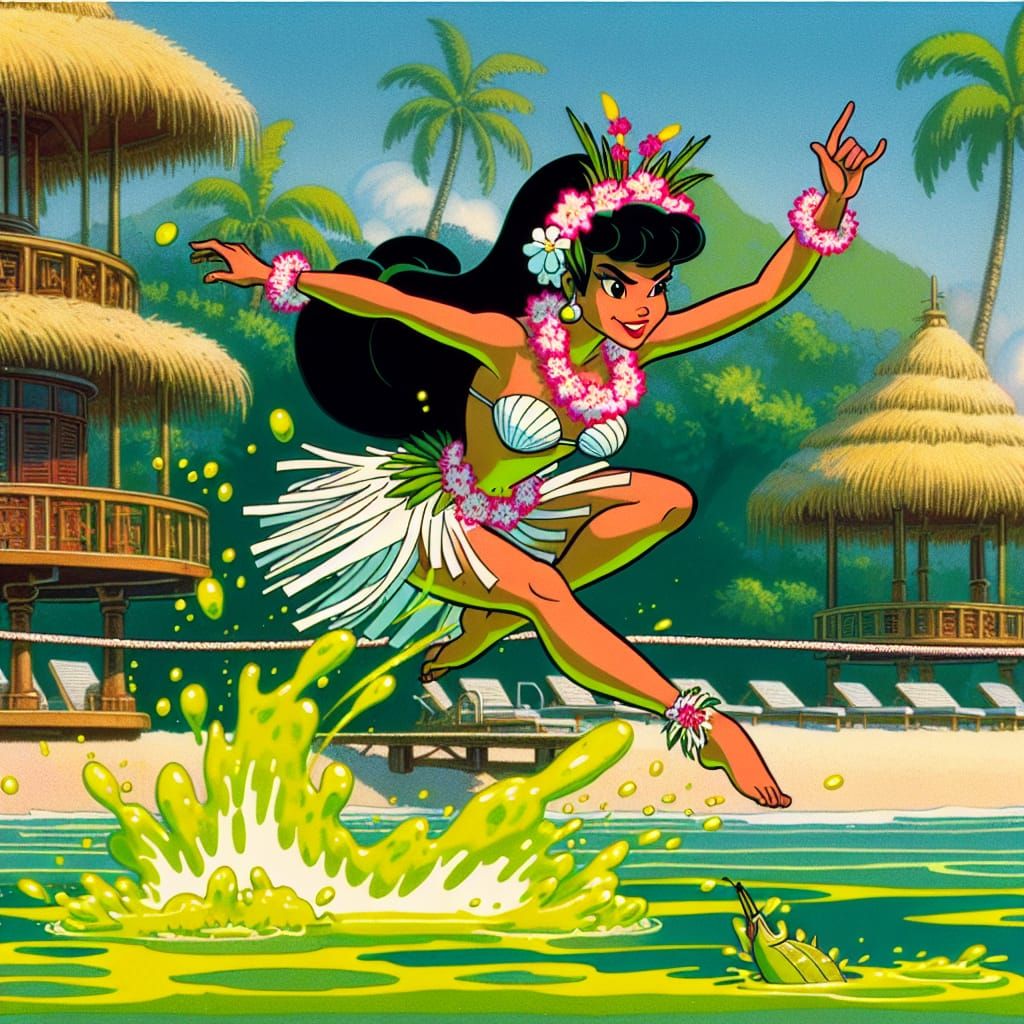 Vibrant Beachside Resort Scene in Retro Cartoon Style