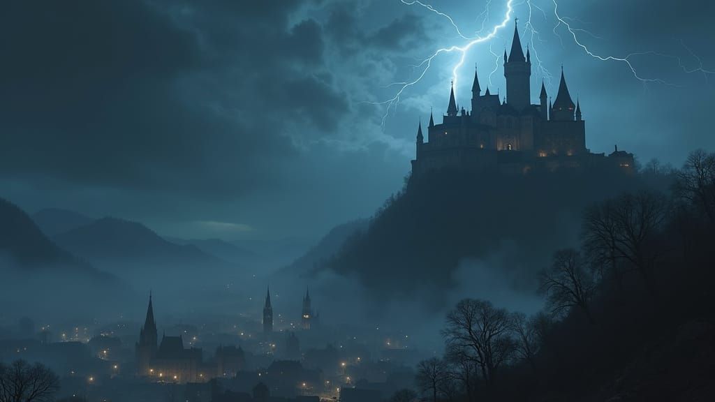 Gothic Vampire Castle Overlooking Misty Town