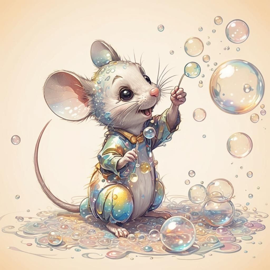 Cute Mouse Blowing Bubbles in Pixar Style
