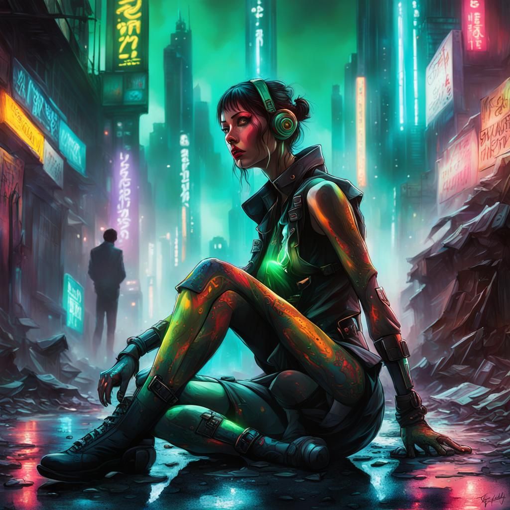 Cyborg Woman Resting in Futuristic City