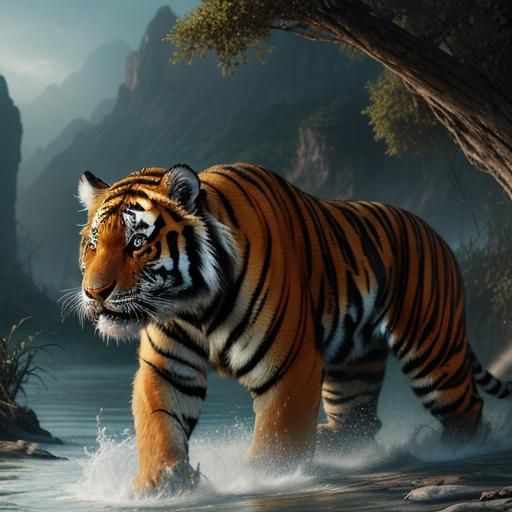 Detailed Tiger Matte Painting in Deep Color