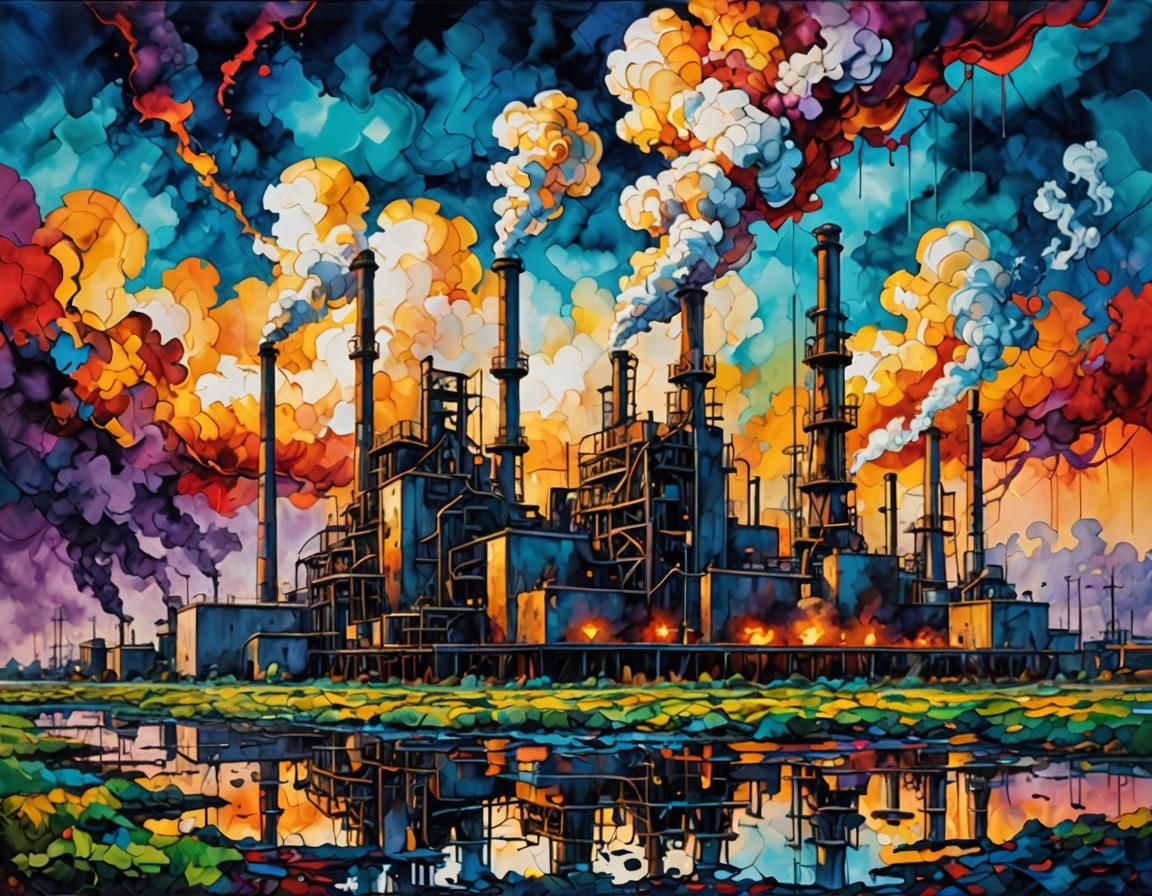 Mammatus Clouds Over Oil Refinery as Impasto Painting