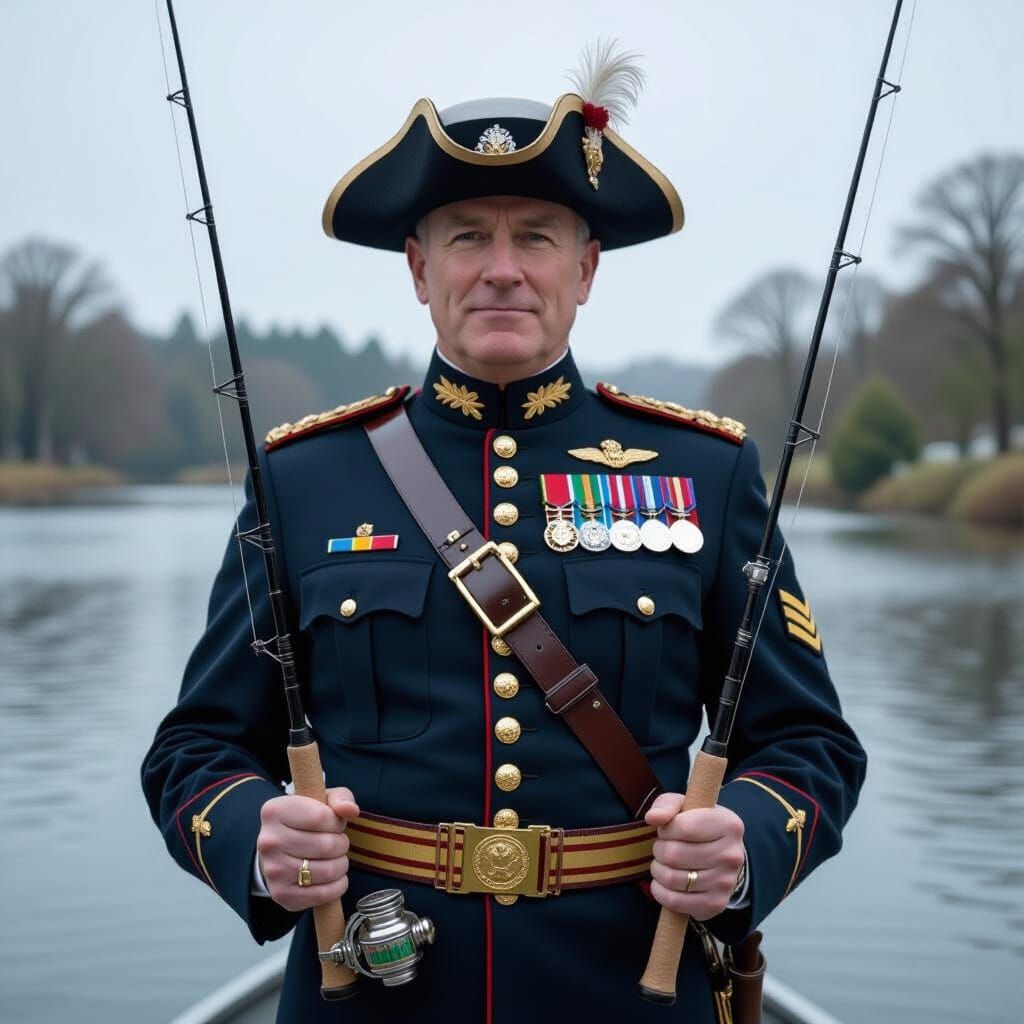 British General Angling with Two Fishing Rods