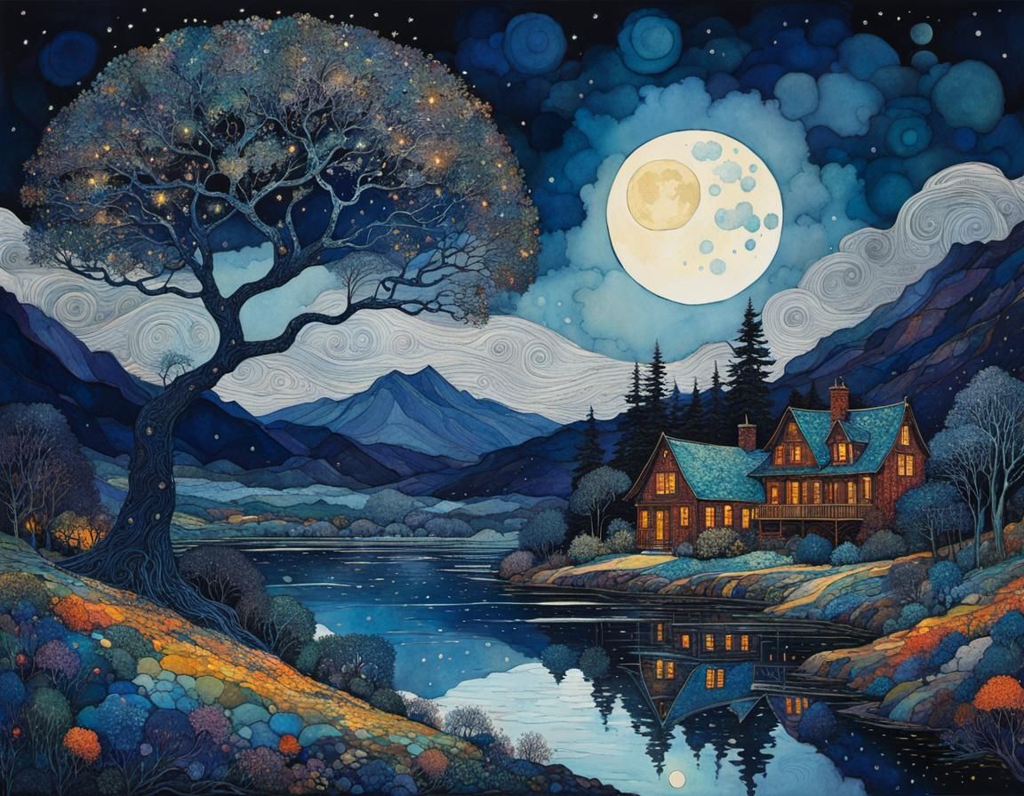 Whimsical Moonrise Illustration in Alcohol Inks