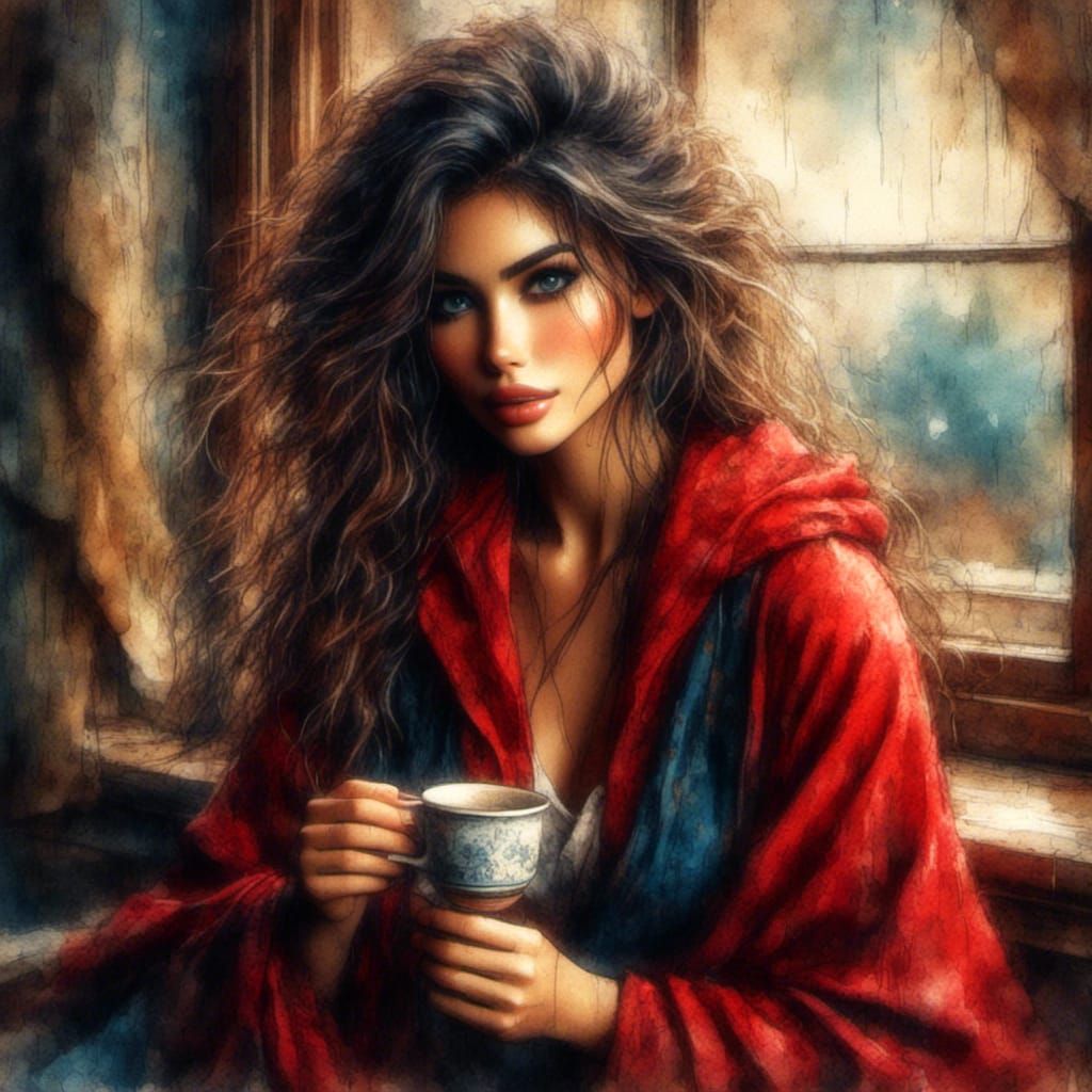 Beautiful Woman with Coffee in Watercolor Impasto Style