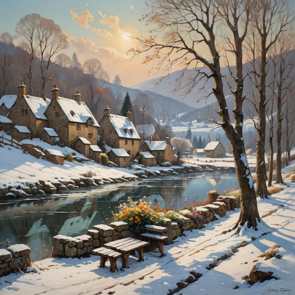 Snowy Village Scene in Oil Painting Style