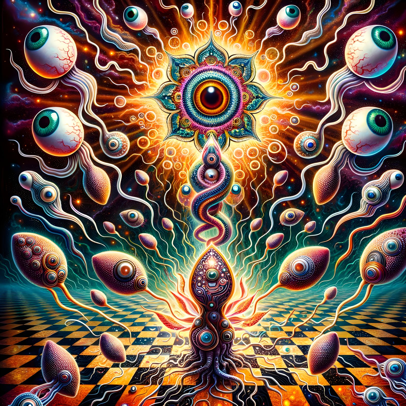 Surreal Balinese Poster with Radiant Mandala and Floating Ey...