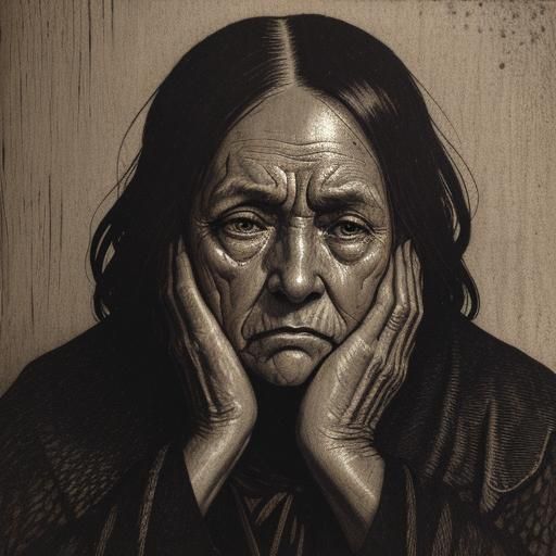 Sorrowful Old Woman Crying: 14th Century Woodcut