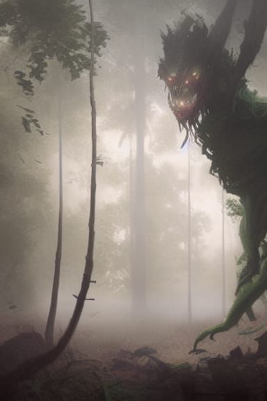 Sinister Chimera in Foggy Forest, Realistic Style