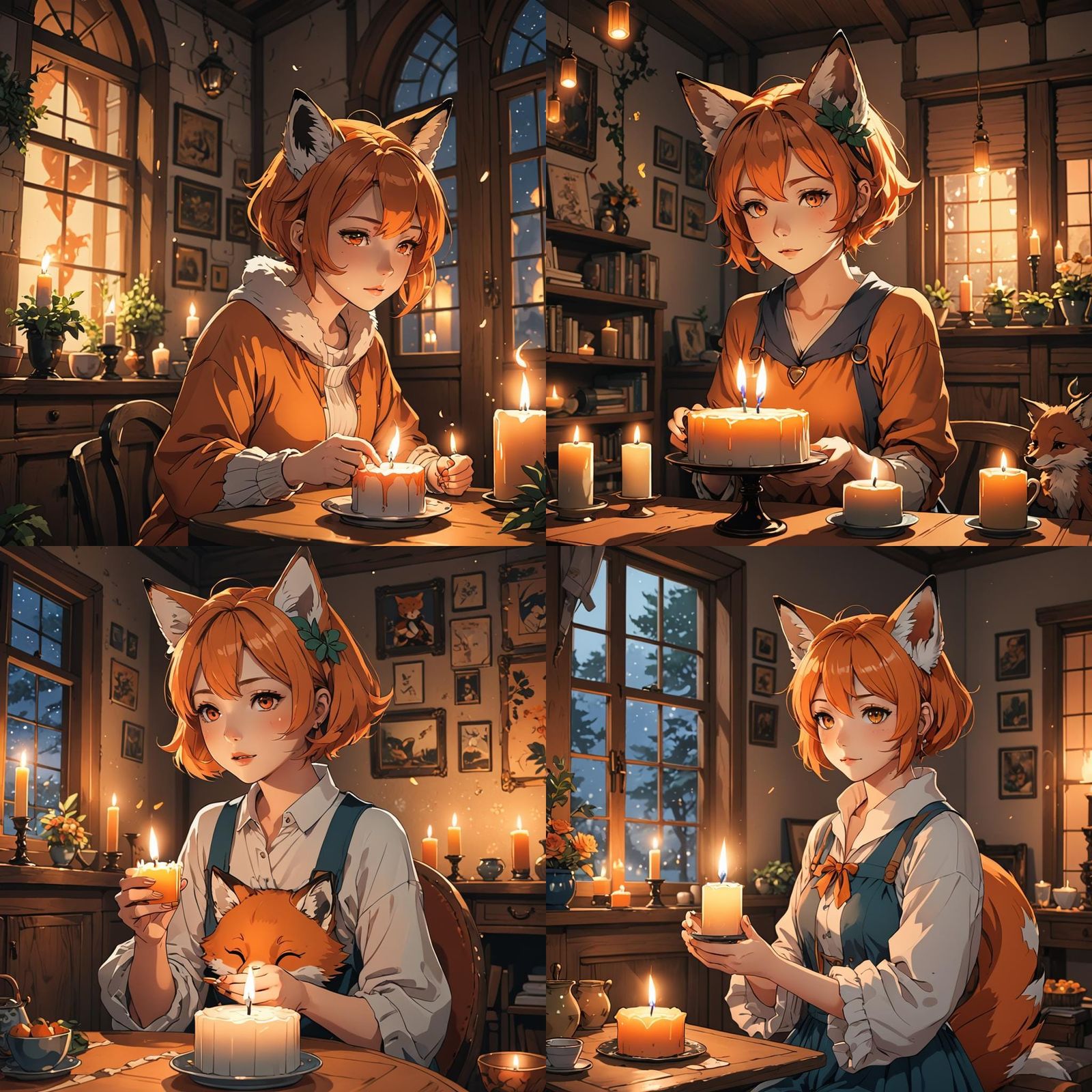 Anime Fox Girl Blows Out Candle in Cozy Room