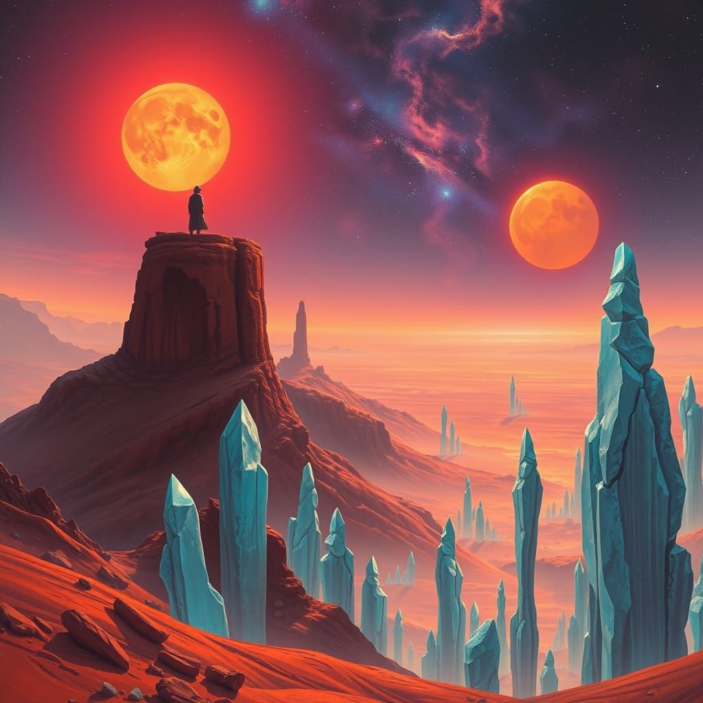 Ethereal Cosmic Figure Stands Amidst Alien Landscape