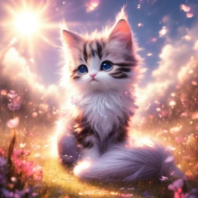 Adorable Kitten Portrait in Anime Vaporwave Style