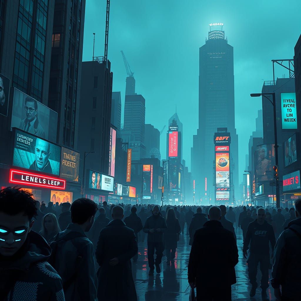 Futuristic City Under Totalitarian Rule in Dark Blues and Pu...