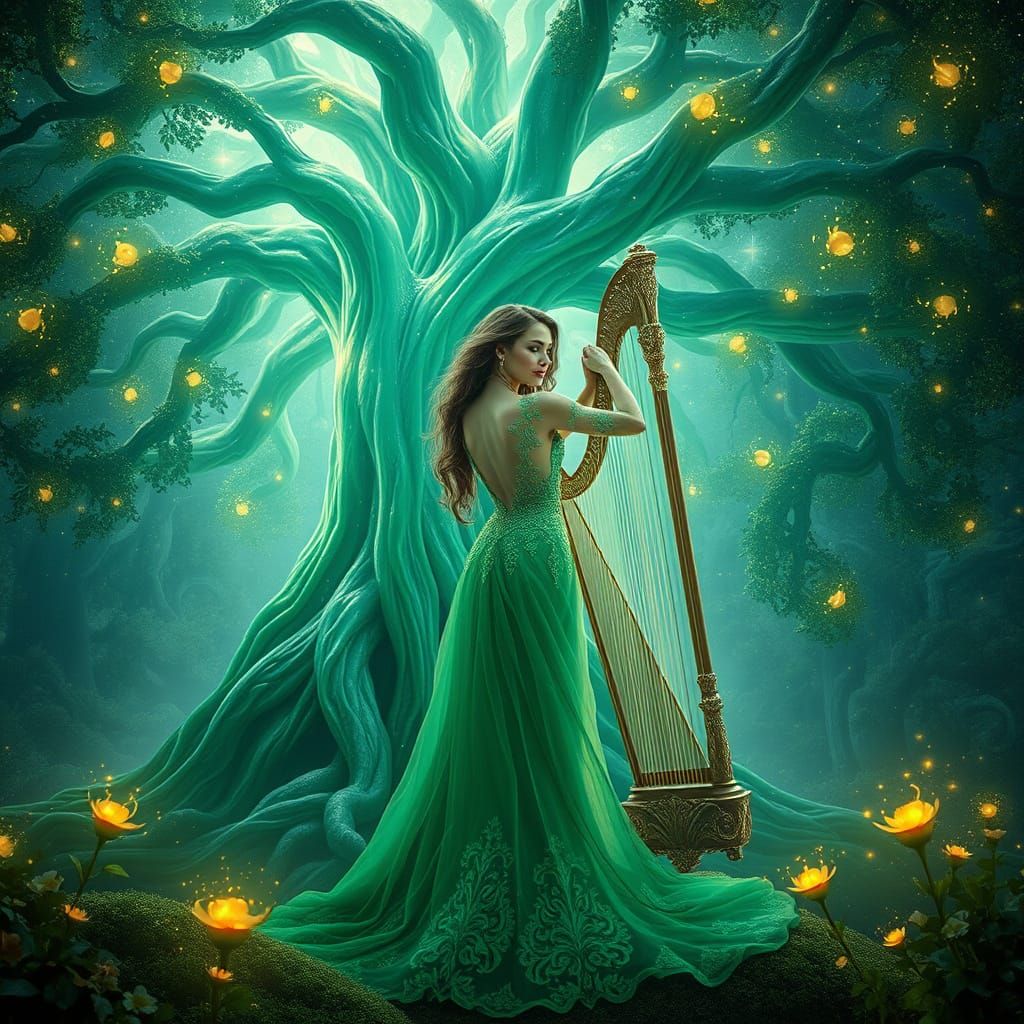 A Woman Amidst Crystal Forest: Ethereal Scene in Vibrant Col...