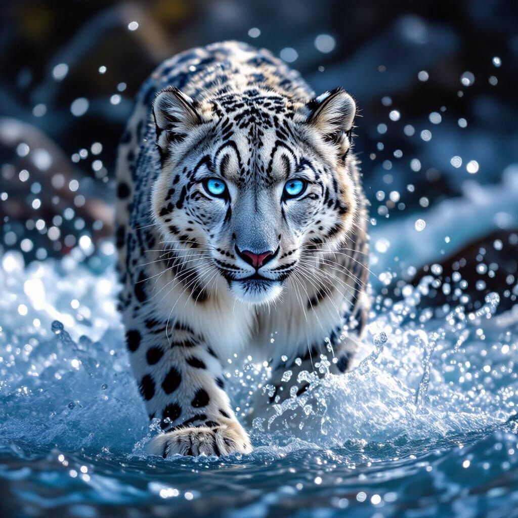 Snow Leopard with Blue Eyes Amidst Swirling Water