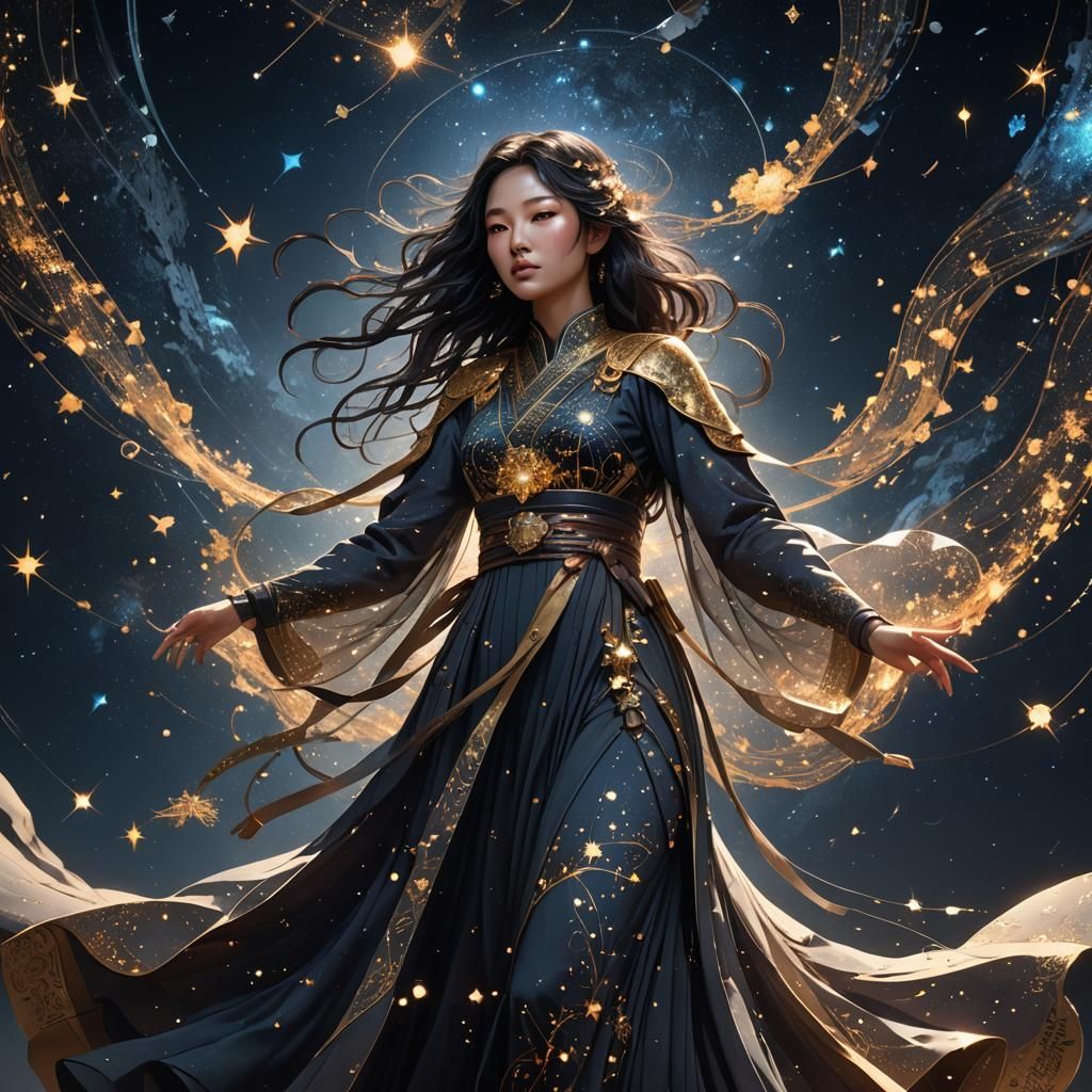 Cosmic Korean Girl in Constellation Dress, Digital Art