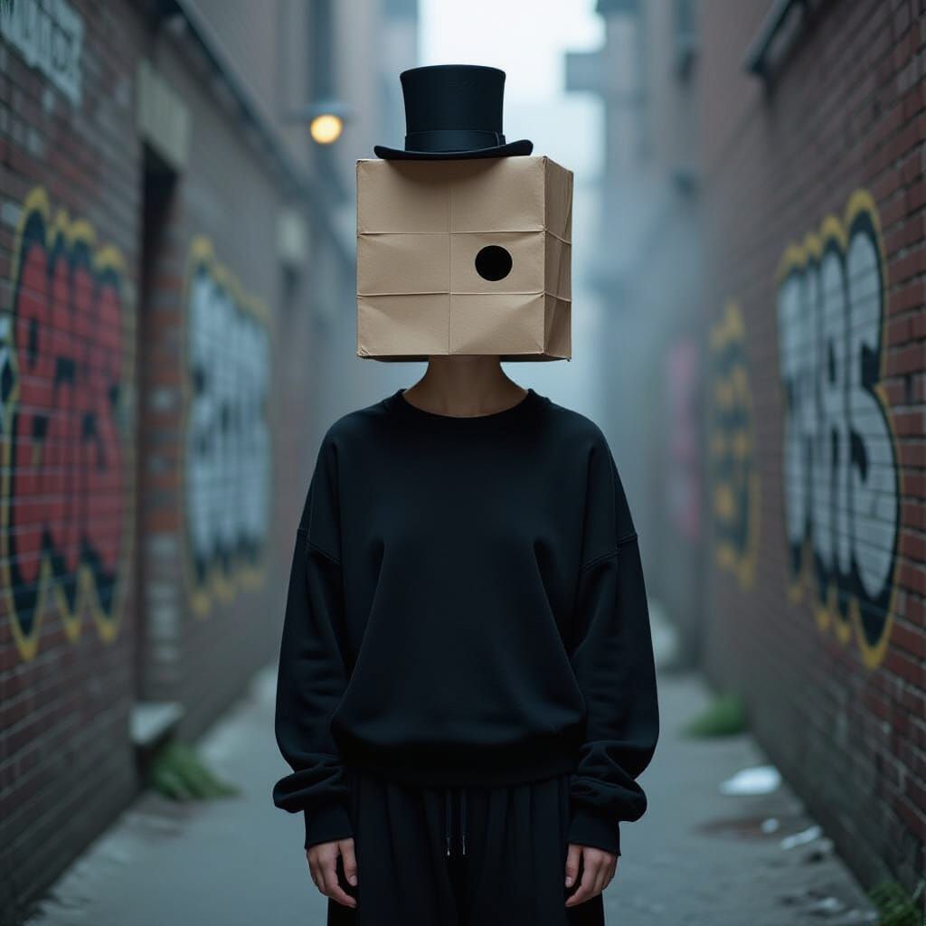 Teen Girl With Paper Bag Head in Moody Alleyway