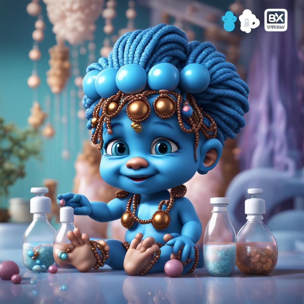 Twin Smurf Babies with Braids, Detailed Digital Art