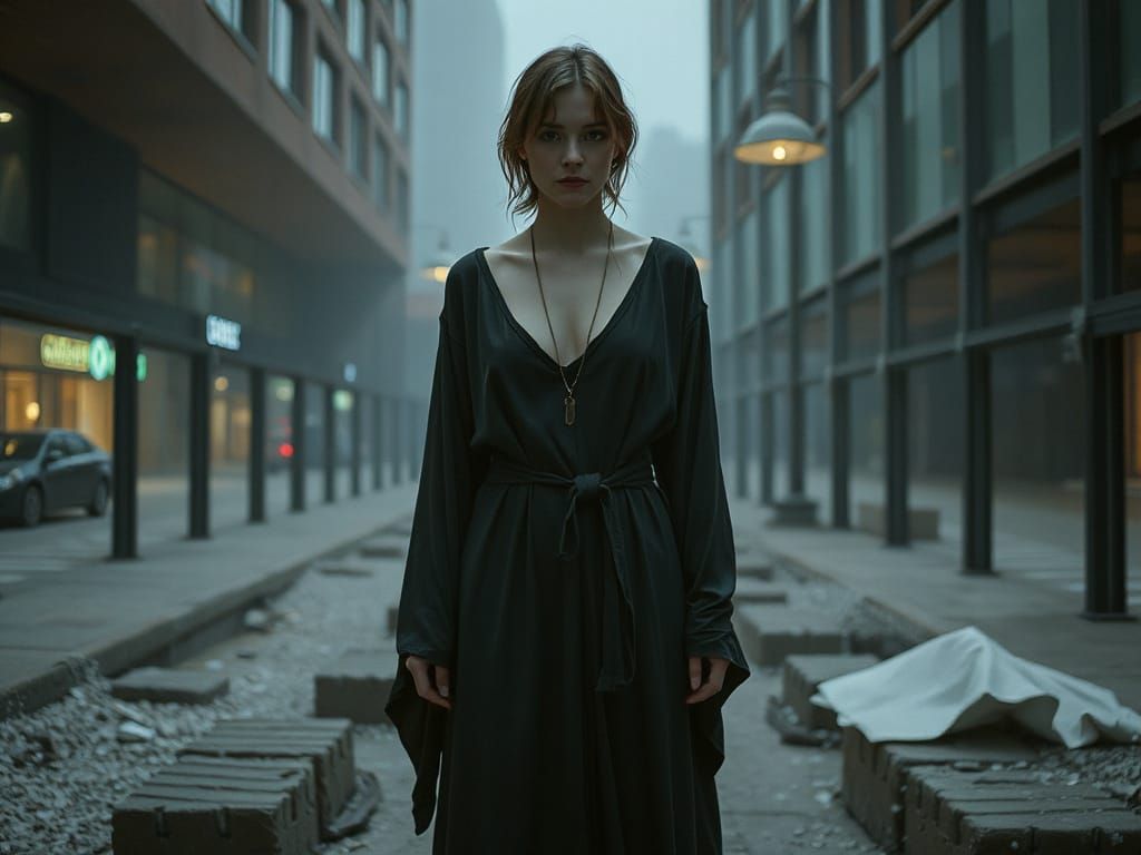 Desolate Lady in Gloomy Retro-Dystopian Futurescape