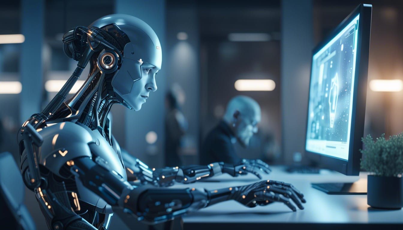 Futuristic AI People and Robots in Office