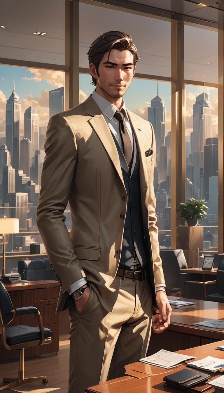 Smiling Man in Luxurious Office: Realistic Anime Art