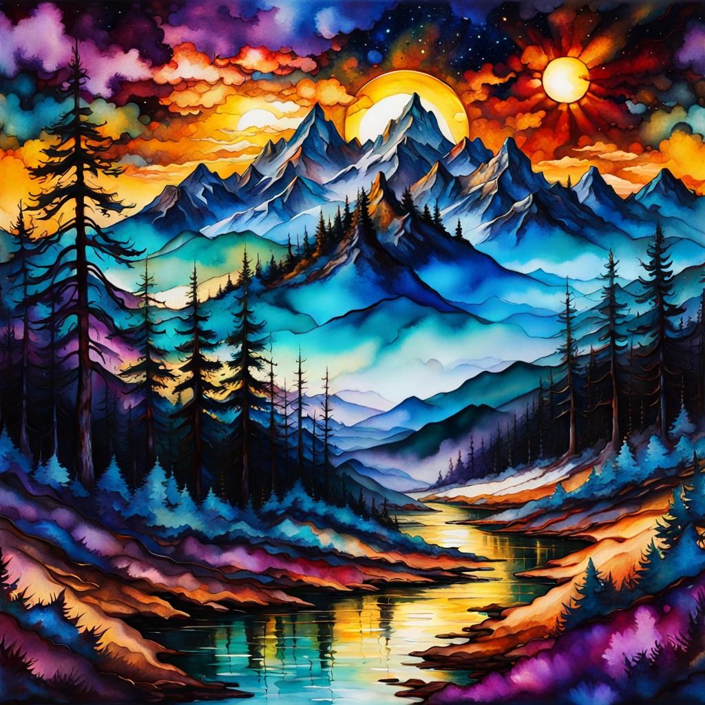 Colorful Alcohol Ink Landscape Painting