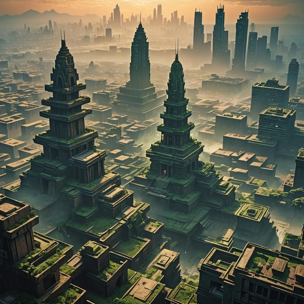 Cyberpunk Tenochtitlan: Woman Emerges from Temple Ruins