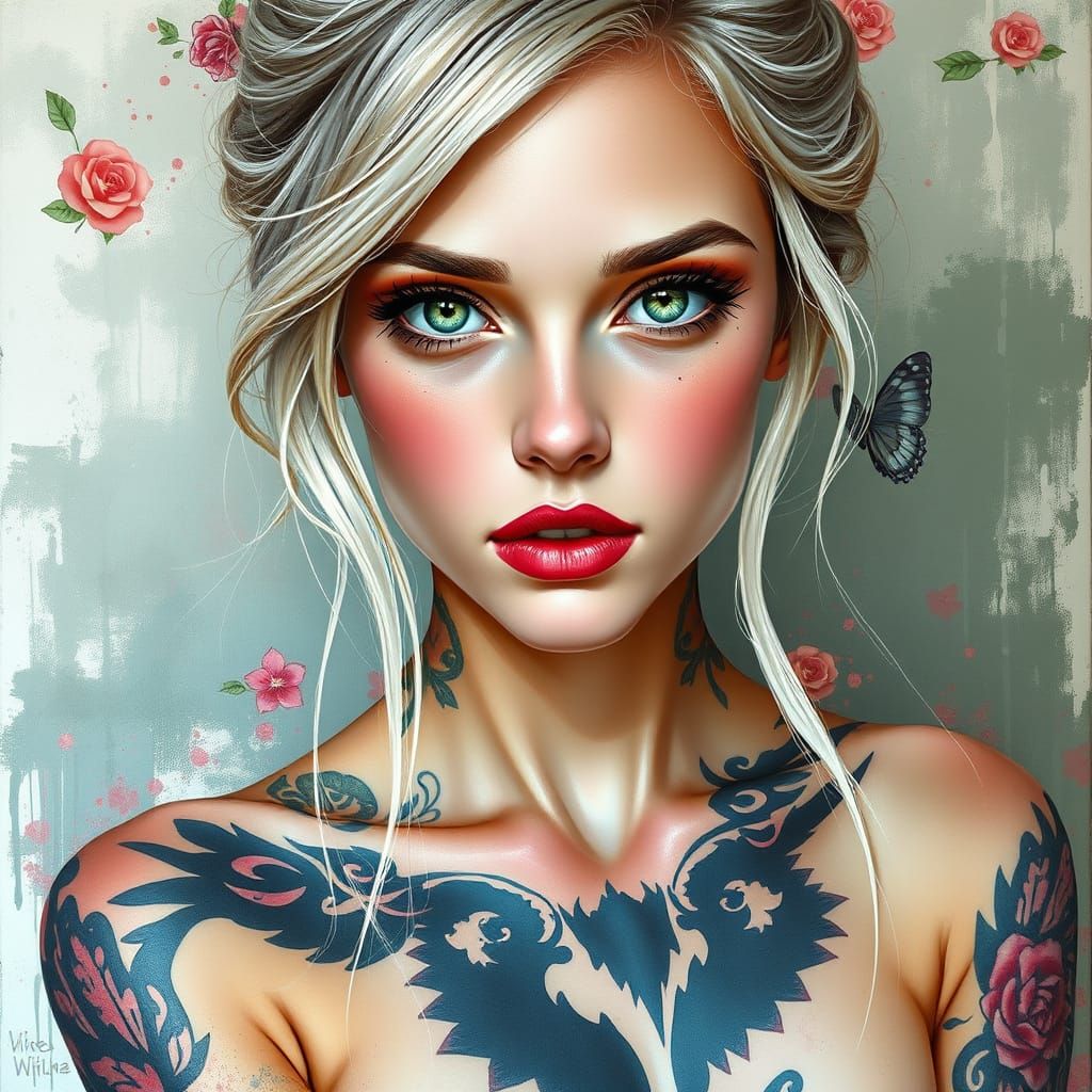 Ethereal Woman Portrait with Tattoos, Vibrant Concept Art