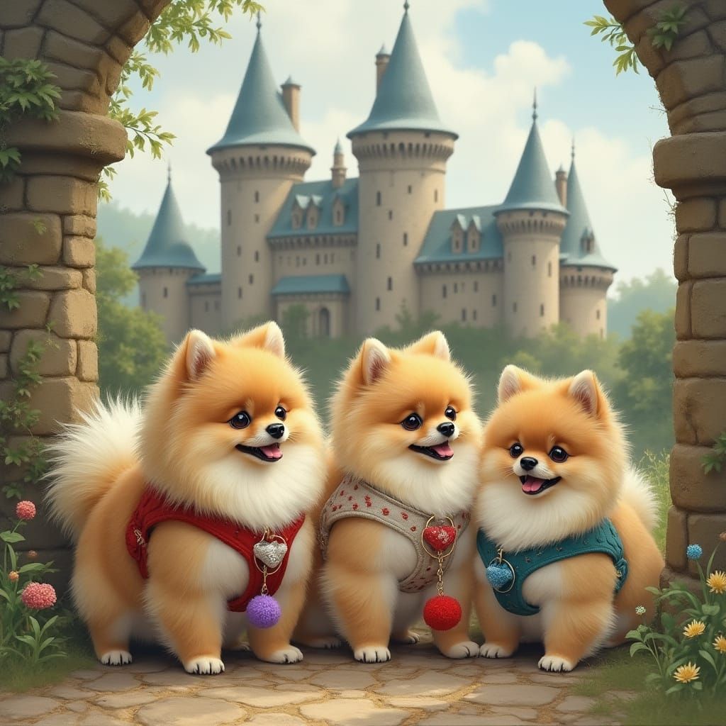 Pomeranians at Old Castles: Whimsical Storybook Scene