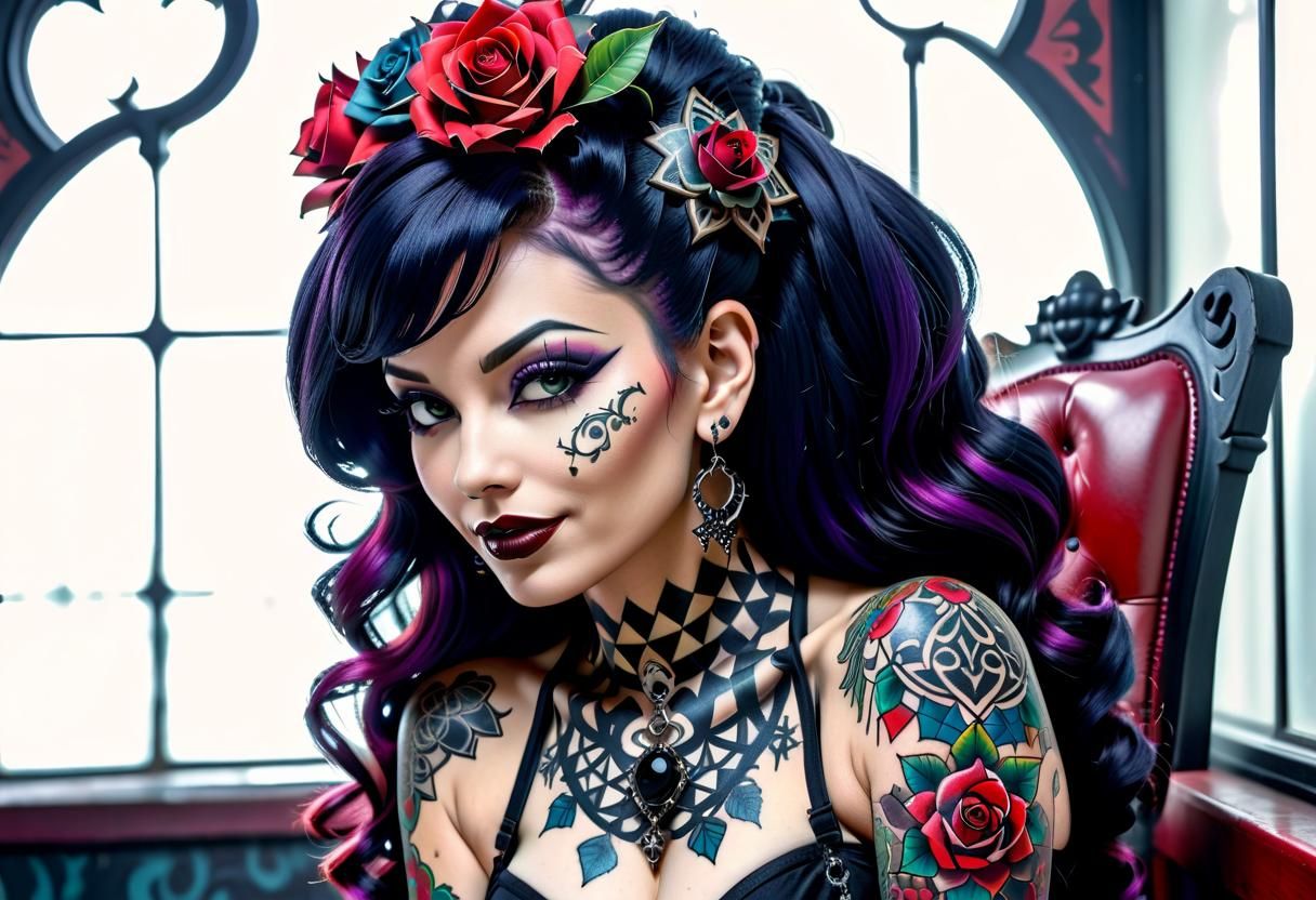 Gothic Tattooed Latina Pinup in Vibrant Colors