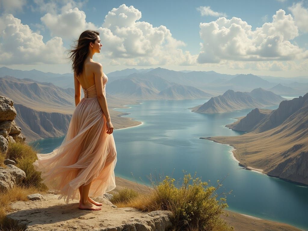 Elegant Warrior Woman Overlooking Serene Landscape