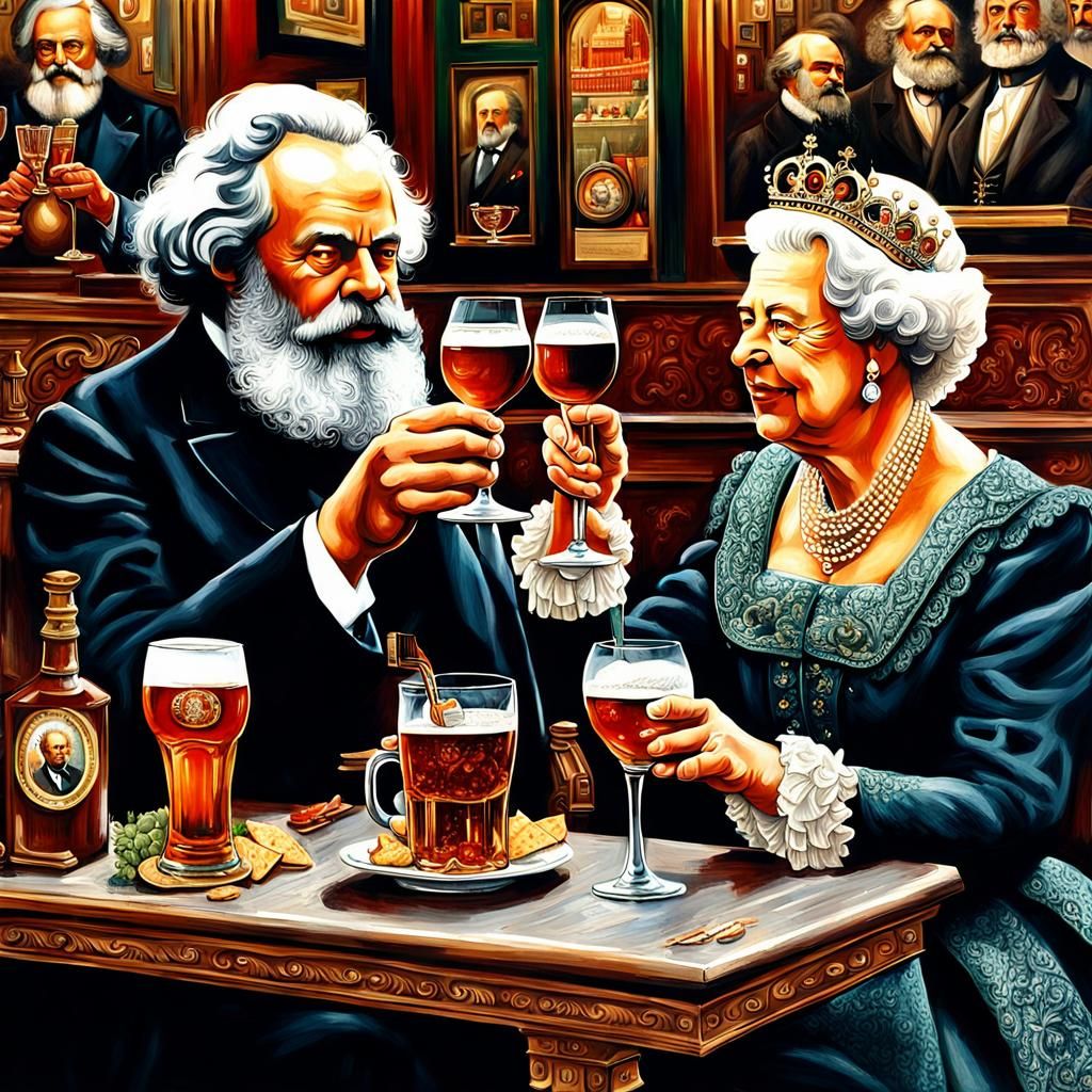 Karl Marx and Queen Elizabeth Toasting in London Pub