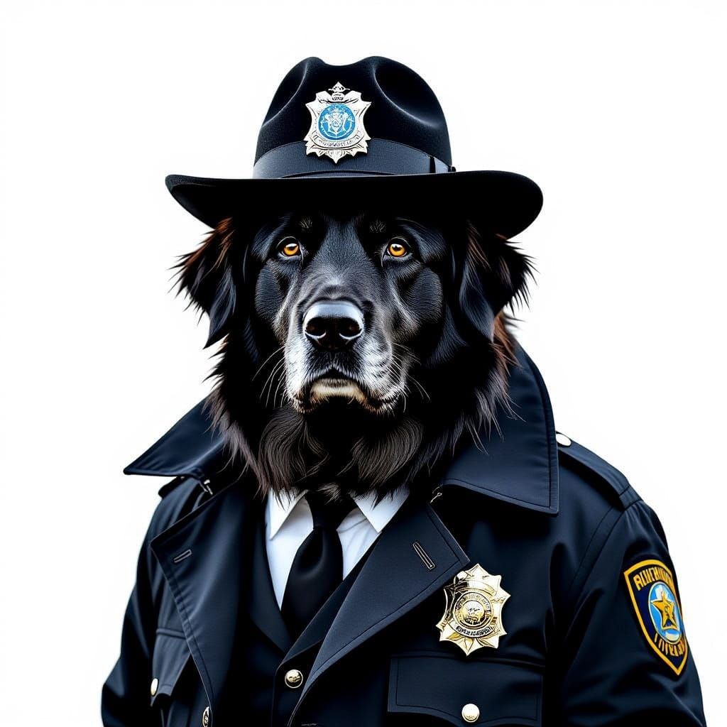 Black Great Pyrenees as Detective in Cinematic Film Still