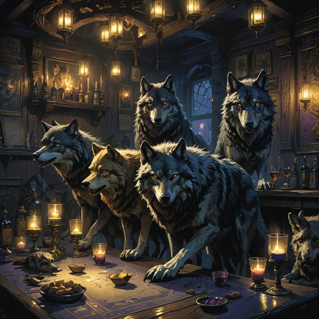 Menacing Wolves in Dimly Lit Bar: Dark Fantasy Art