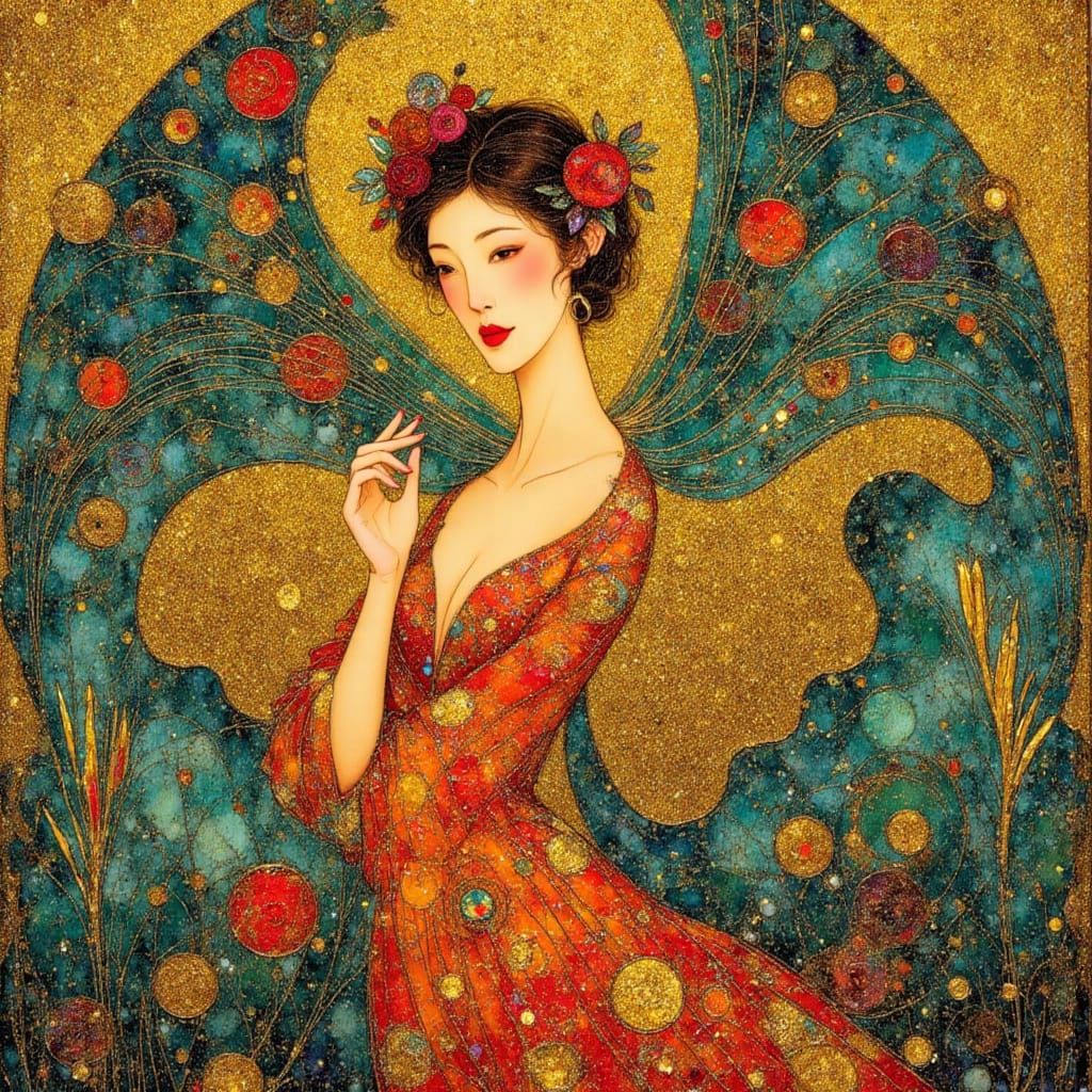 Ocean Goddess in Klimt Style with Gold, Teal, and Crimson