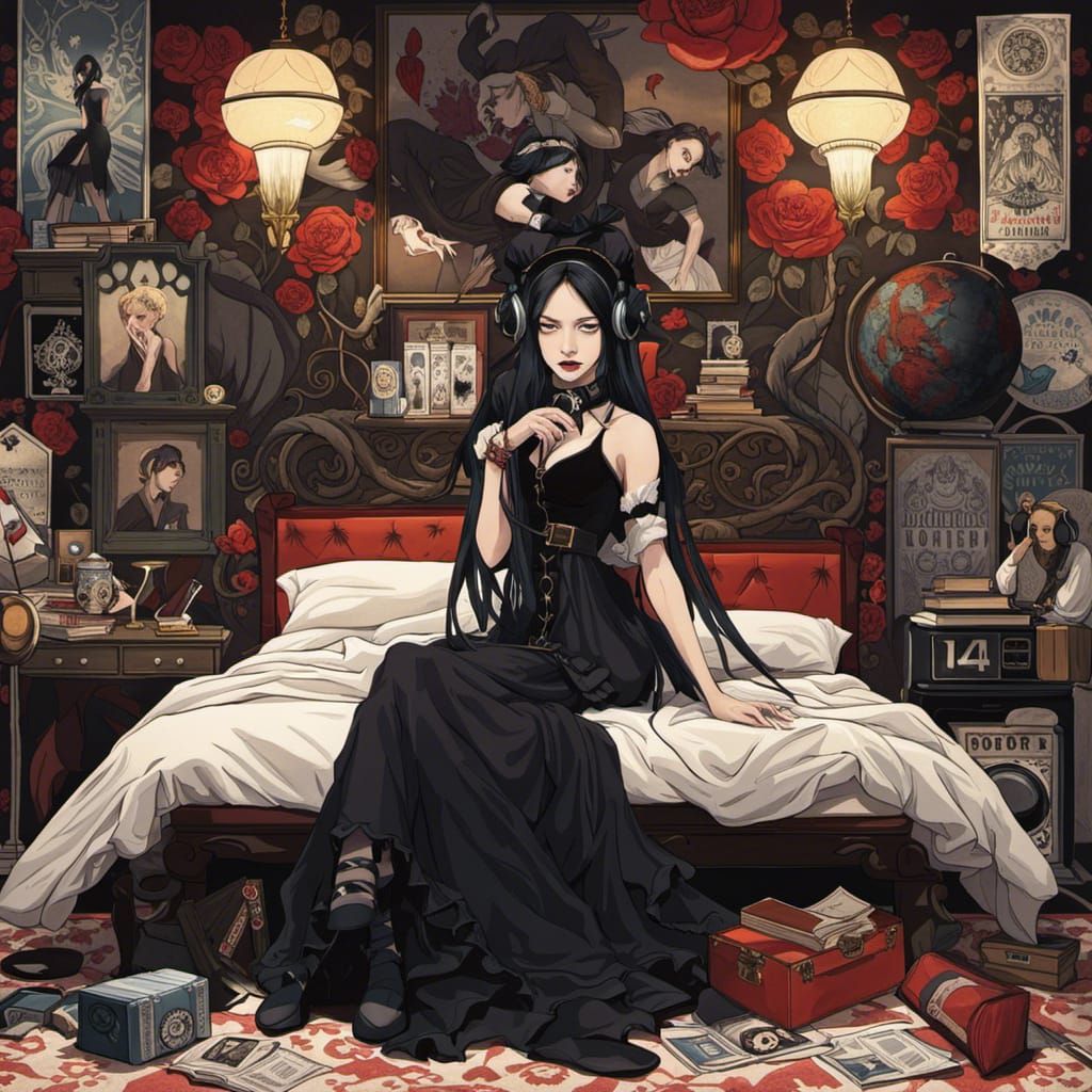 Gothic Teen with Headphones in Comic Art Style