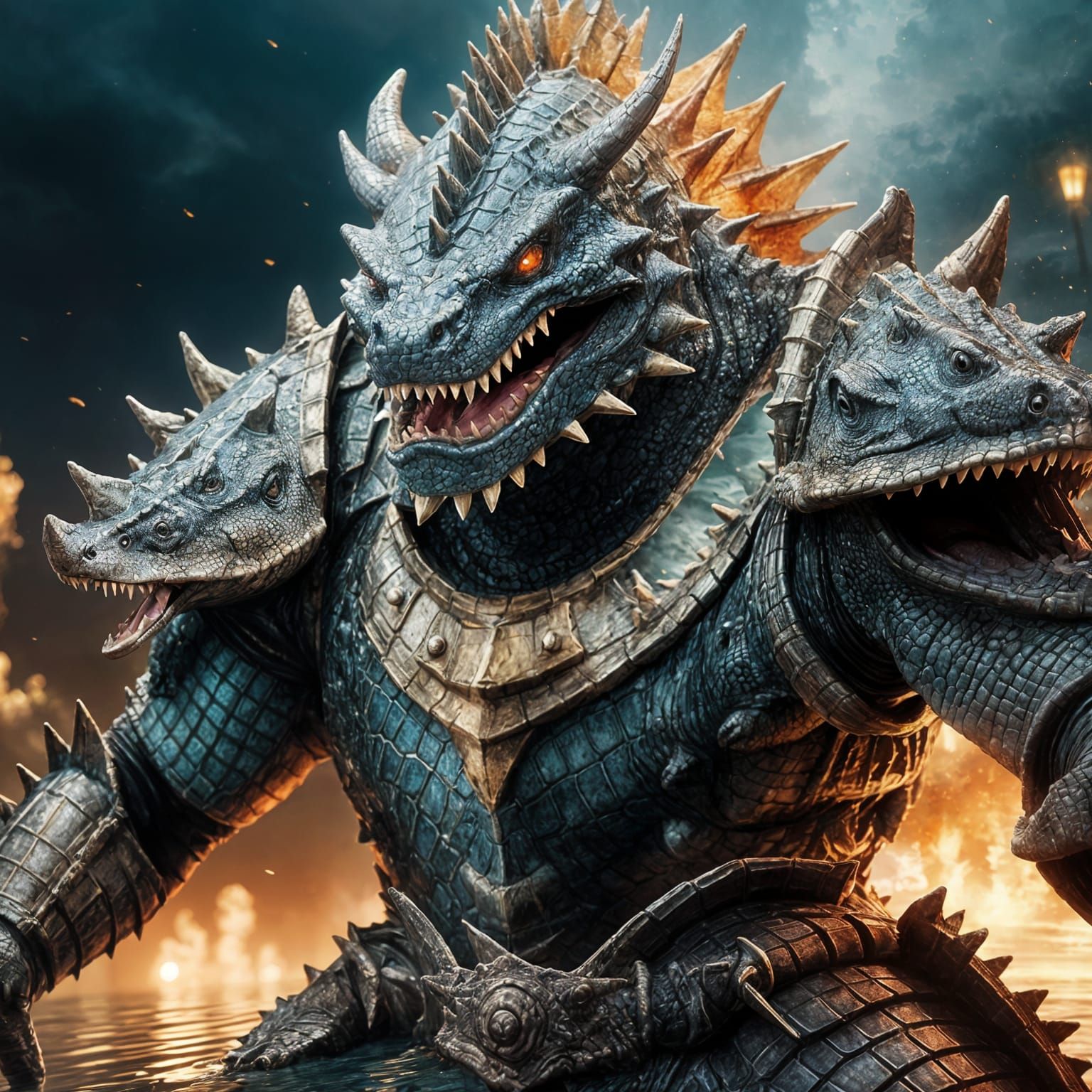 Armored Dino-Alligator Ride on Summer Night Waters