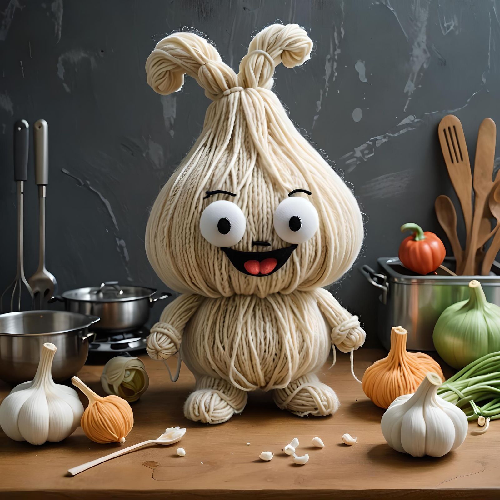 Anthropomorphic Garlic Plush Toy in Cozy Kitchen