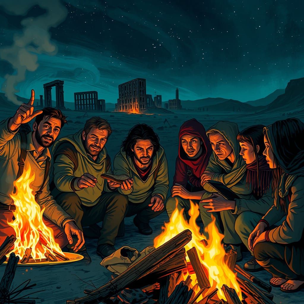 Survivors Share Hope Around Campfire in Ruined City
