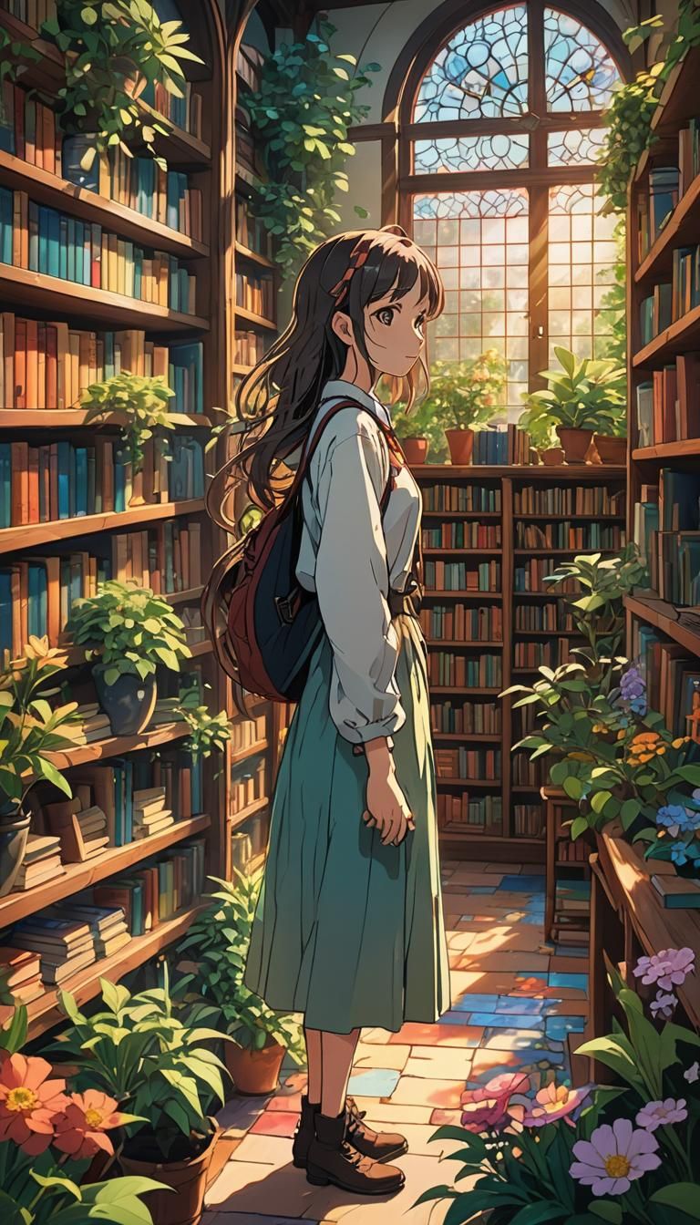 Anime Girl Walks to Serene Library with Storybooks