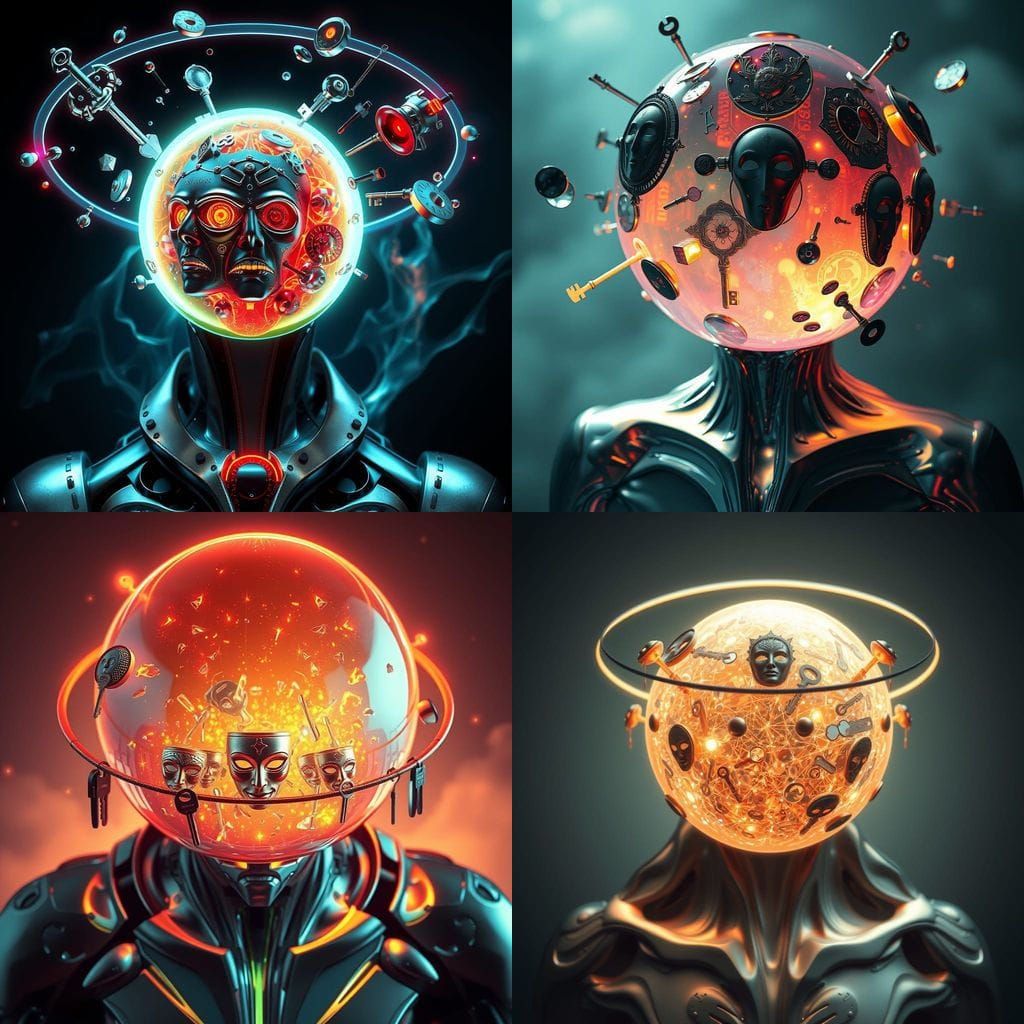 Surreal Portrait: Glowing Sphere with Symbolic Orbits