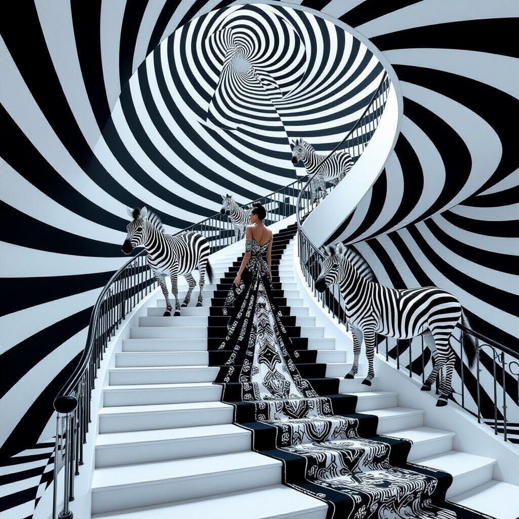 Zebras in Haute Couture on a Surreal Staircase