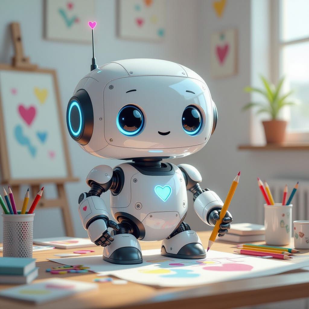 Cute Robot Drawing in Sunny Art Studio