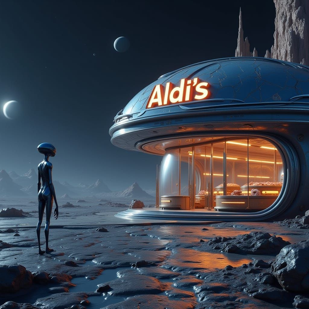 <lora:Rococowave-Flux:1.0> Alien looking for food. Should Aldies be the first store on the Moon, they claim their prices...