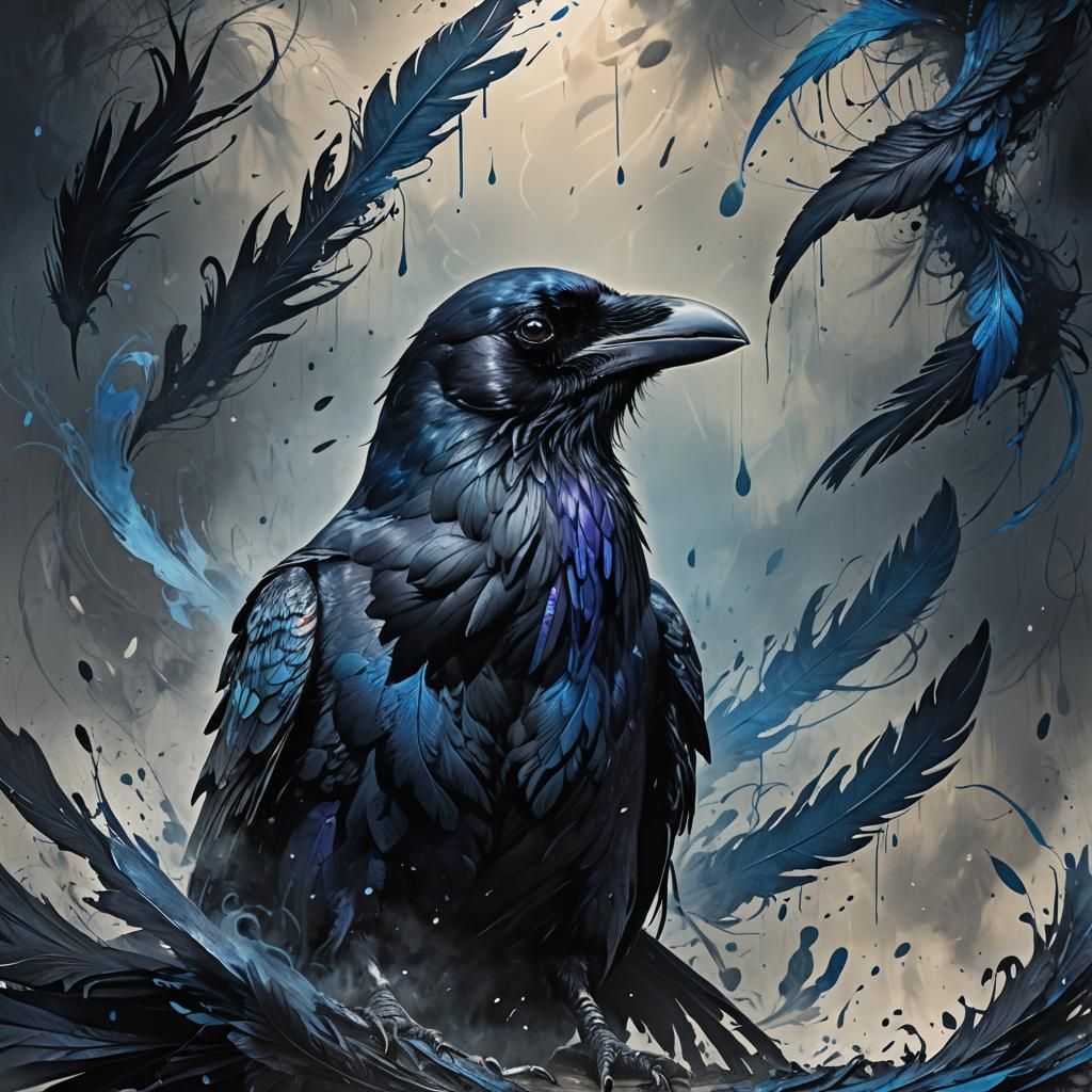Raven Portrait with Calligraphic Smoke, Fantasy Art