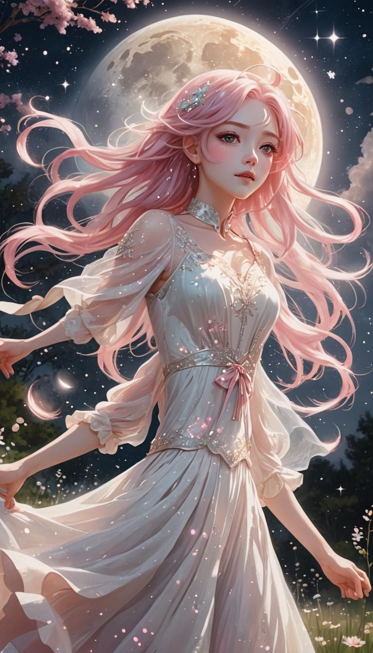 Anime Girl Dancing in Starry Meadow: Ethereal Digital Art
