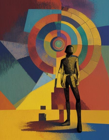 Boy in Geometric Landscape, Digital Art Style