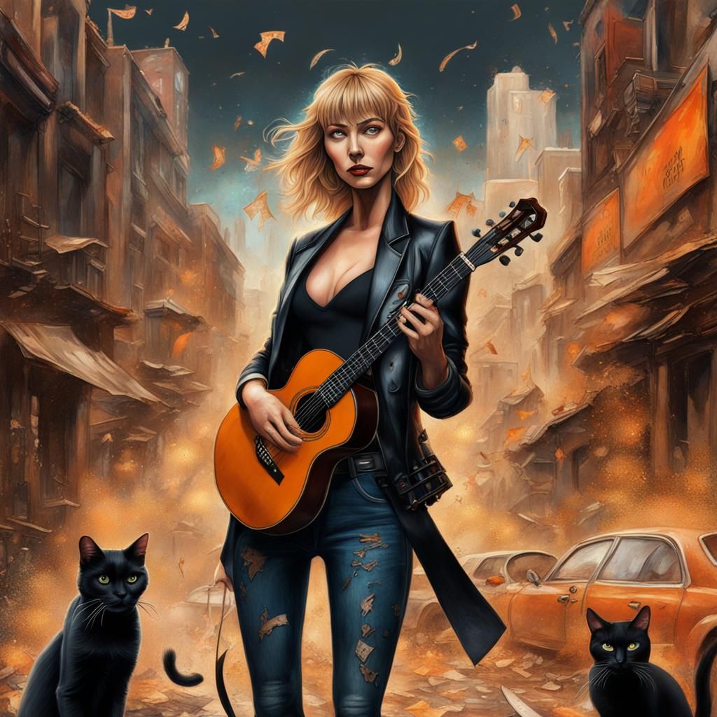 Blonde Woman with Cats and Guitars, Detailed Matte Painting